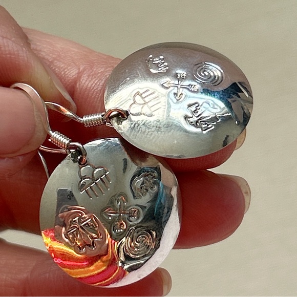 Native American Etched Symbols Sterling Silver Medallion Earrings - Picture 13 of 13